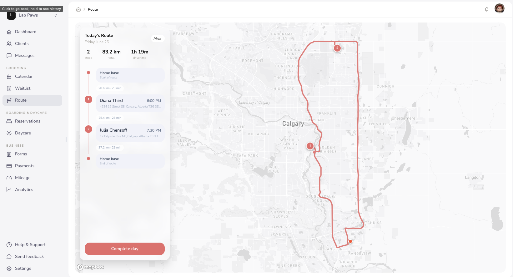 The Grooro route page: an optimised day of stops on a full-screen map with a frosted glass timeline panel.